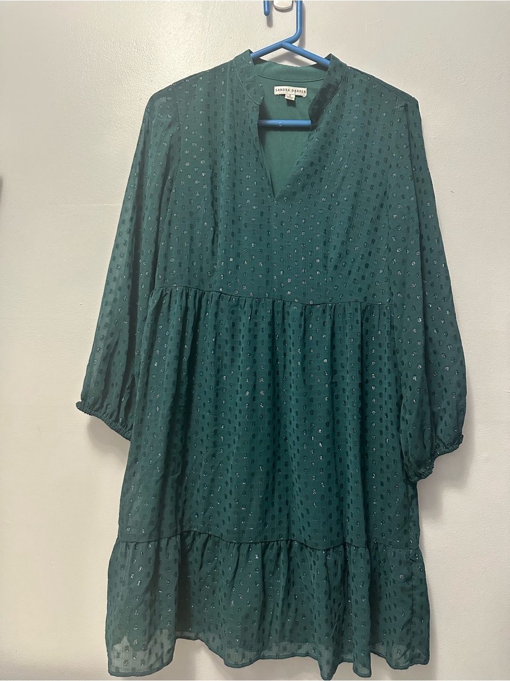 Sandra Darren Teal Green Eyelet Tiered Long Sleeve Dress
